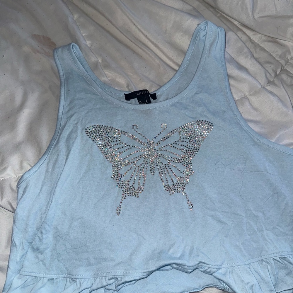 Forever 21 Light Blue Rhinestone Butterfly Tank Top